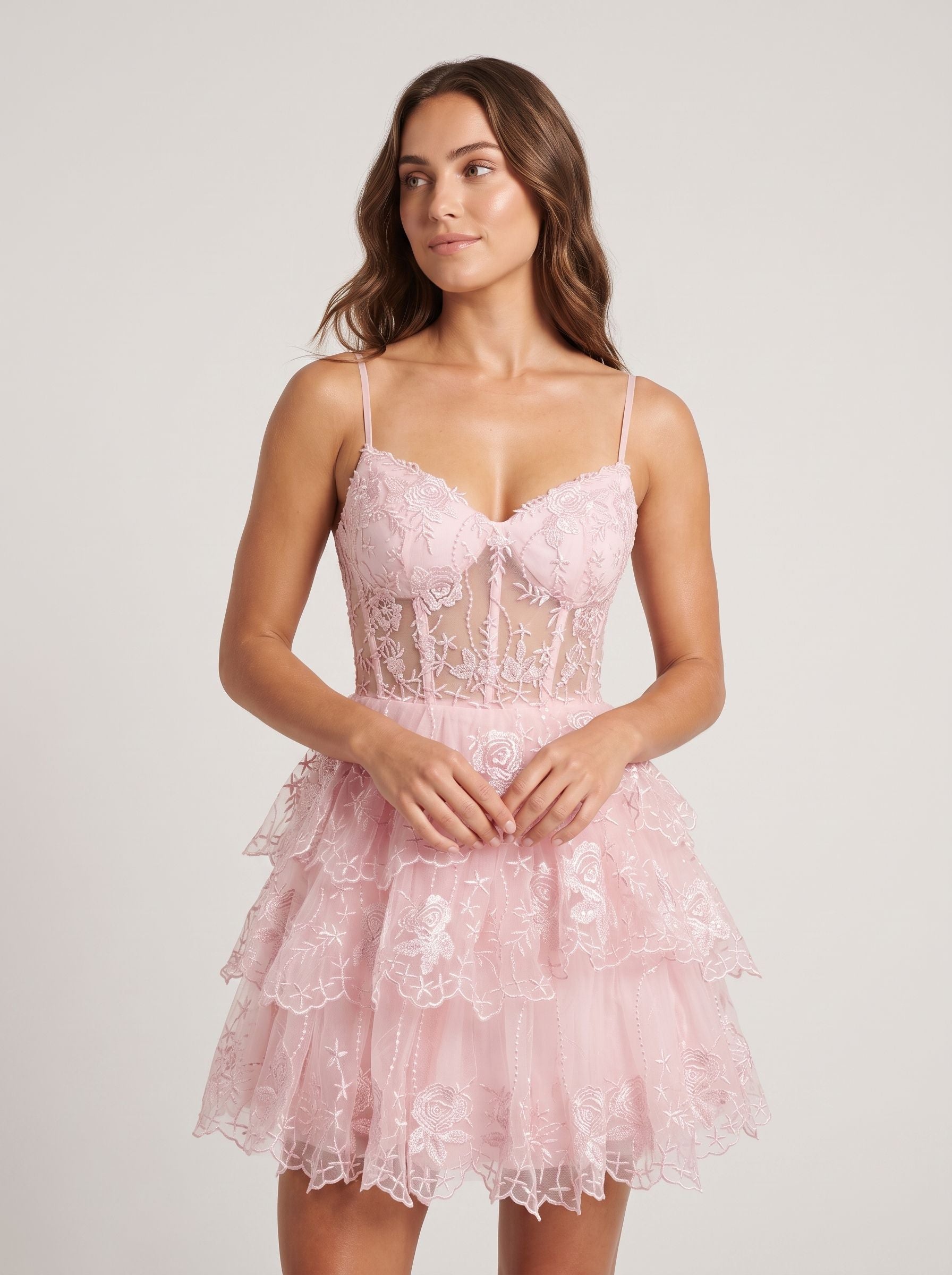 Blushing Pink Tulle A-Line Sweetheart Back Zip Short Dress with Tiered Skirt - Curvevia