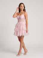 Blushing Pink Tulle A-Line Sweetheart Back Zip Short Dress with Tiered Skirt - Curvevia
