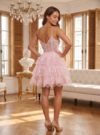 Blushing Pink Tulle A-Line Sweetheart Back Zip Short Dress with Tiered Skirt - Curvevia