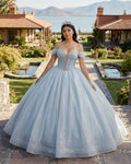Light Blue Off the Shoulder Tulle Princess Long Corset Quinceanera Dress with Bow - Curvevia