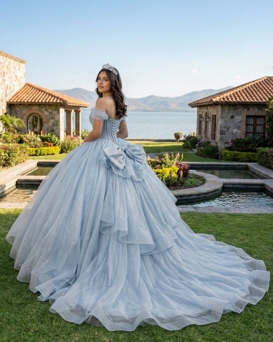 Light Blue Off the Shoulder Tulle Princess Long Corset Quinceanera Dress with Bow - Curvevia