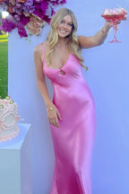 Scoop Neck Pink Sheath Satin Long Evening Dress - Curvevia