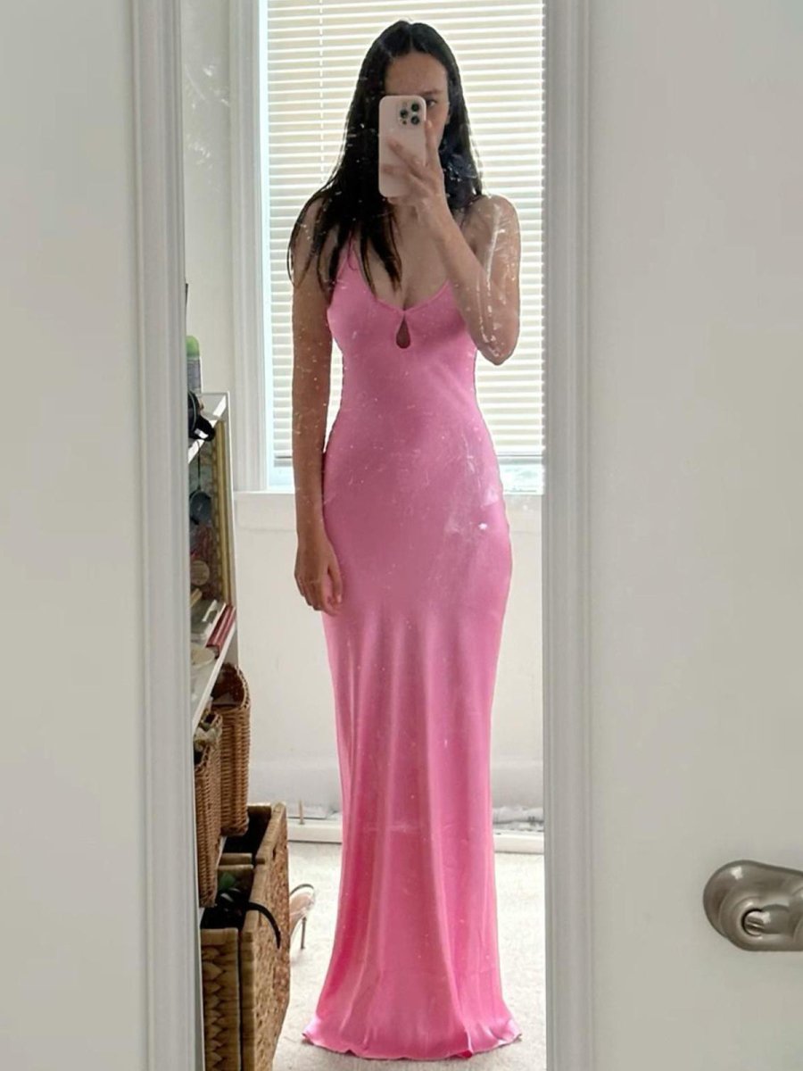 Scoop Neck Pink Sheath Satin Long Evening Dress - Curvevia