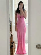 Scoop Neck Pink Sheath Satin Long Evening Dress - Curvevia