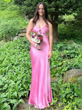 Scoop Neck Pink Sheath Satin Long Evening Dress - Curvevia