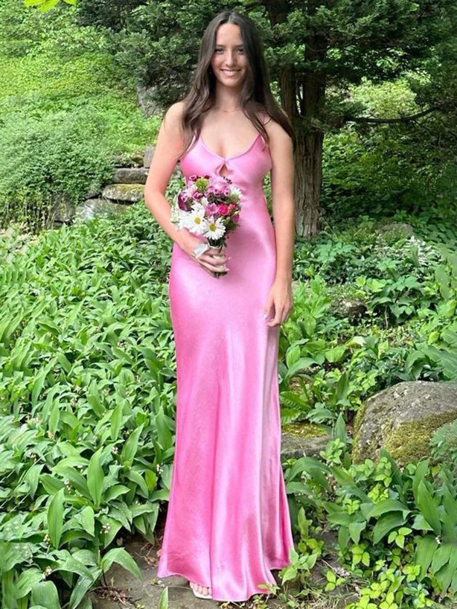 Scoop Neck Pink Sheath Satin Long Evening Dress - Curvevia