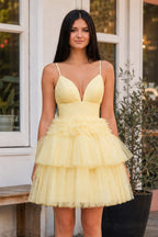 A-Line Deep V Neck Tiered Short Homecoming Dress - Curvevia