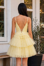 A-Line Deep V Neck Tiered Short Homecoming Dress - Curvevia