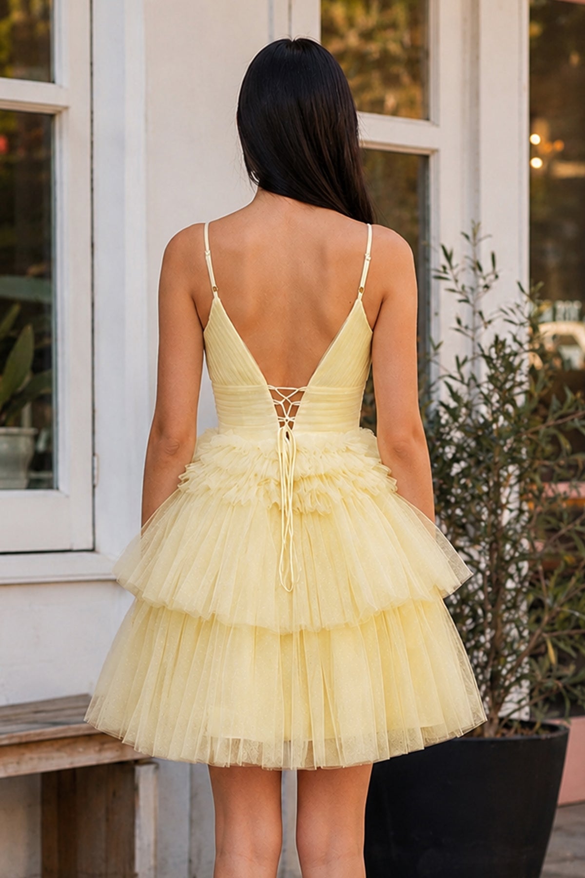 A-Line Deep V Neck Tiered Short Homecoming Dress - Curvevia