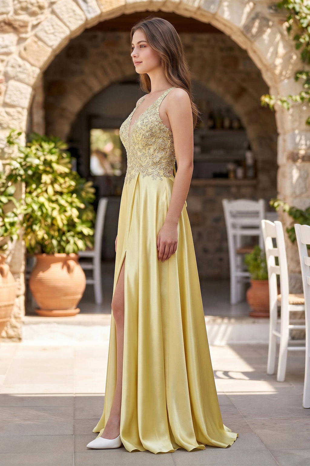 A-Line V-Neck Satin Mother of the Bride Dress with Slit - Curvevia