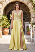 A-Line V-Neck Satin Mother of the Bride Dress with Slit - Curvevia