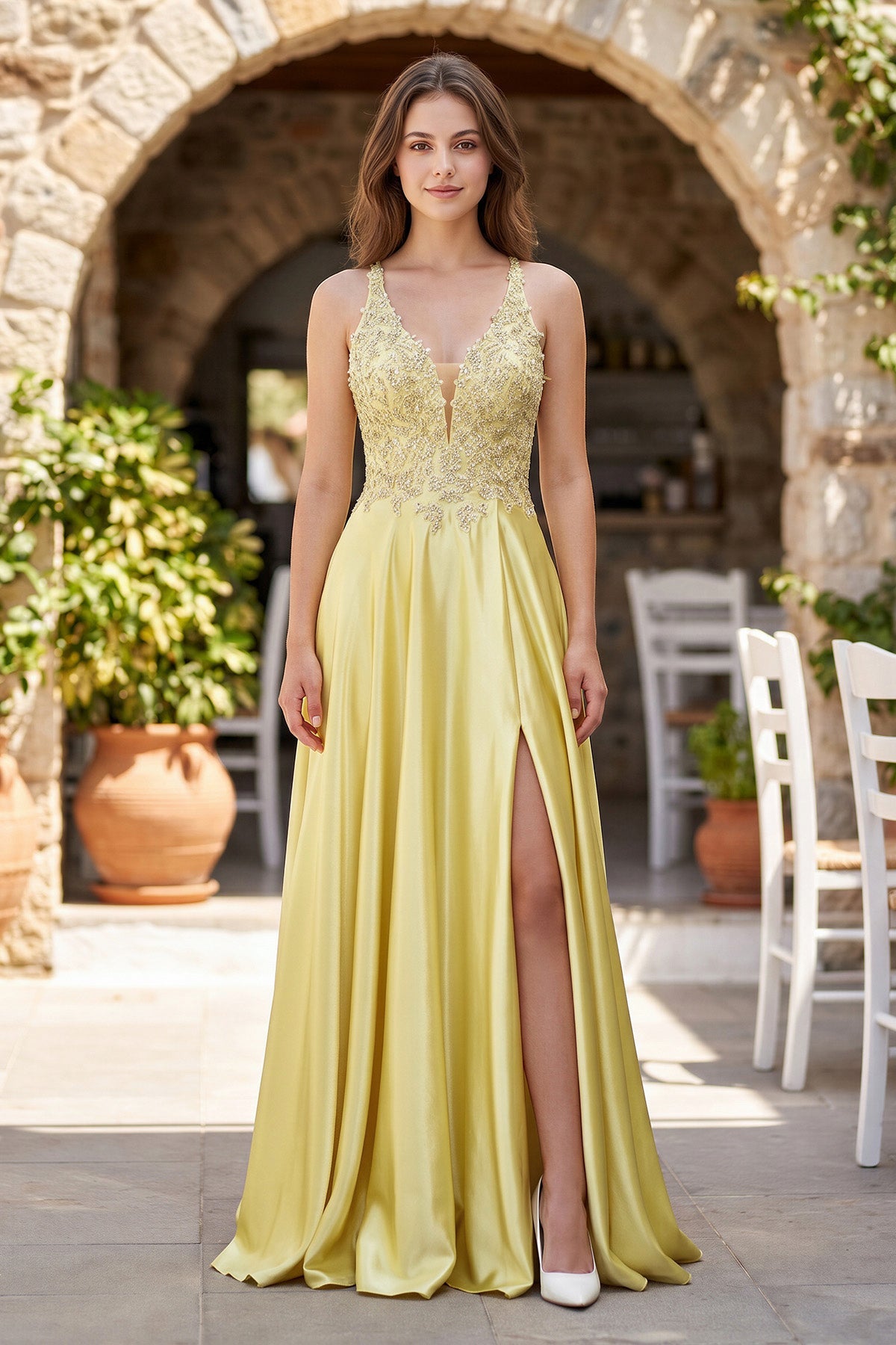 A-Line V-Neck Satin Mother of the Bride Dress with Slit - Curvevia