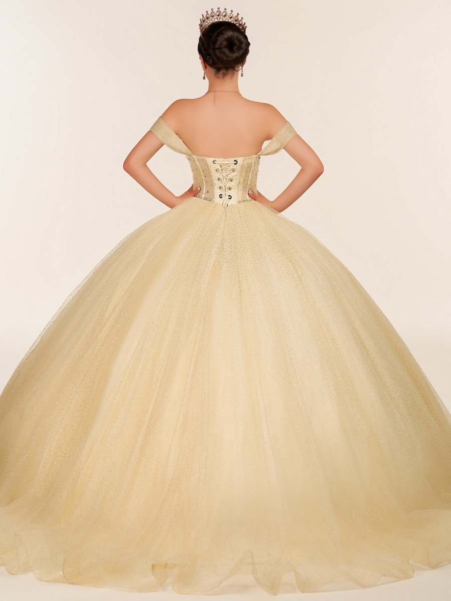 Yellow Ball Gown Tulle Off-the-Shoulder Quincenara Dresses - Curvevia