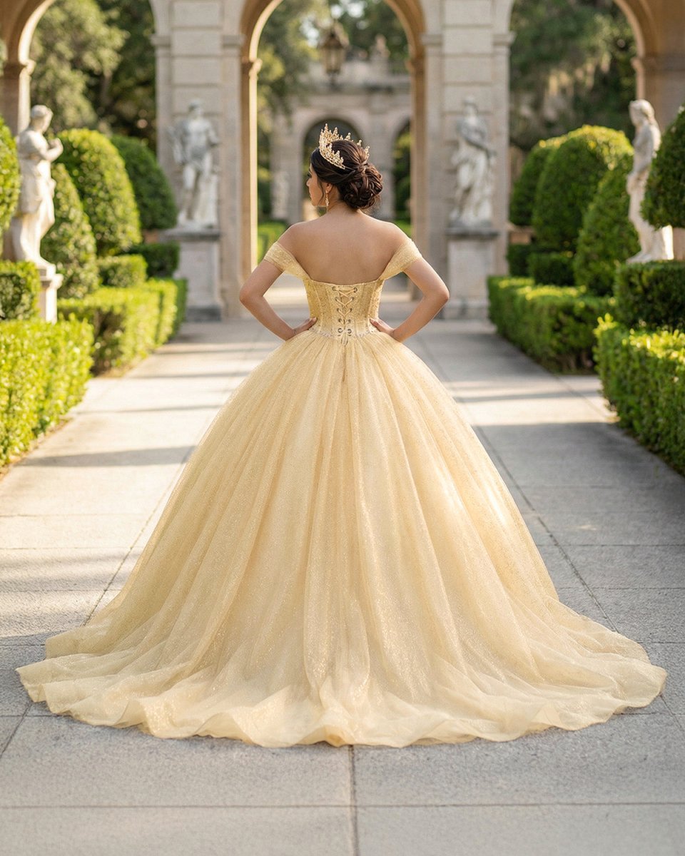 Yellow Ball Gown Tulle Off-the-Shoulder Quincenara Dresses - Curvevia
