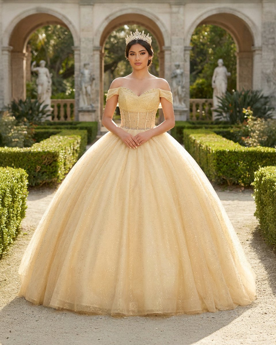 Yellow Ball Gown Tulle Off-the-Shoulder Quincenara Dresses - Curvevia