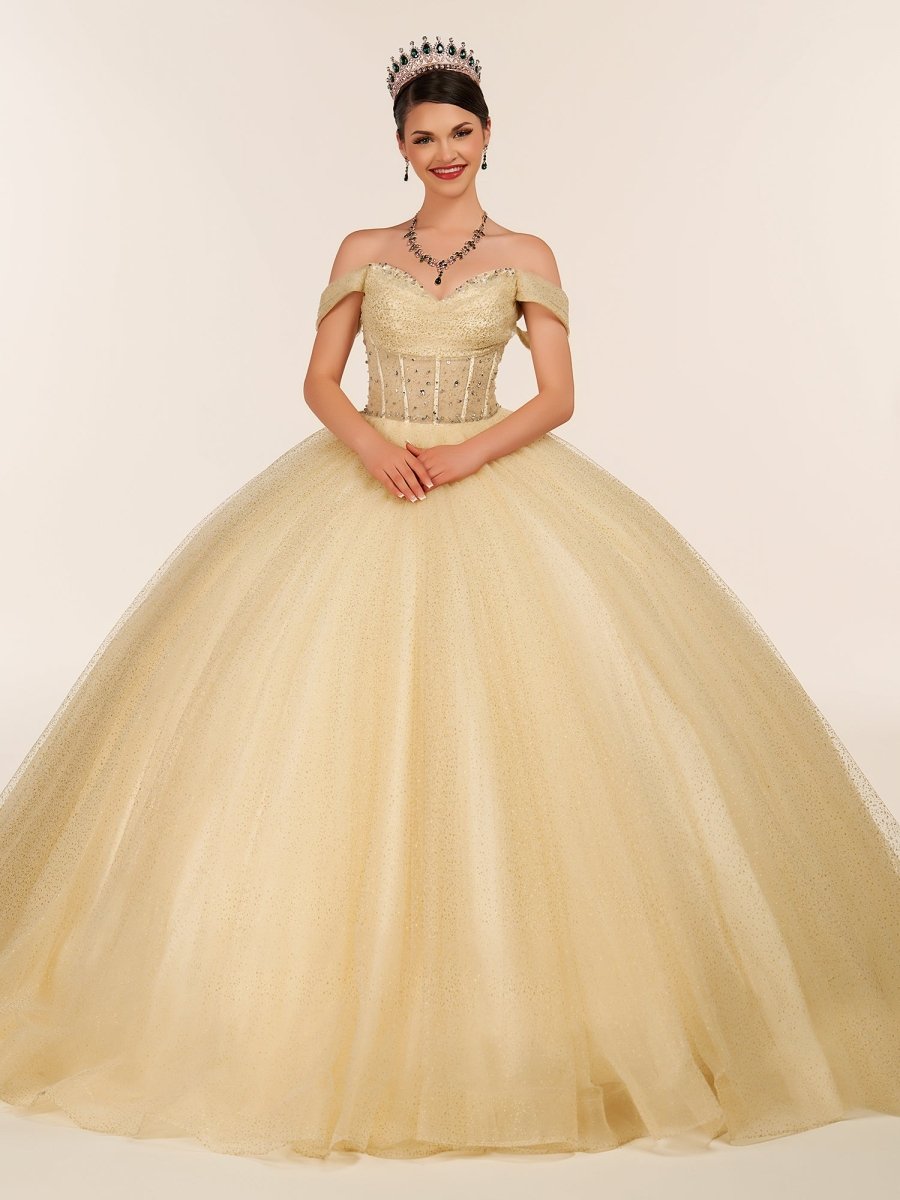 Yellow Ball Gown Tulle Off-the-Shoulder Quincenara Dresses - Curvevia