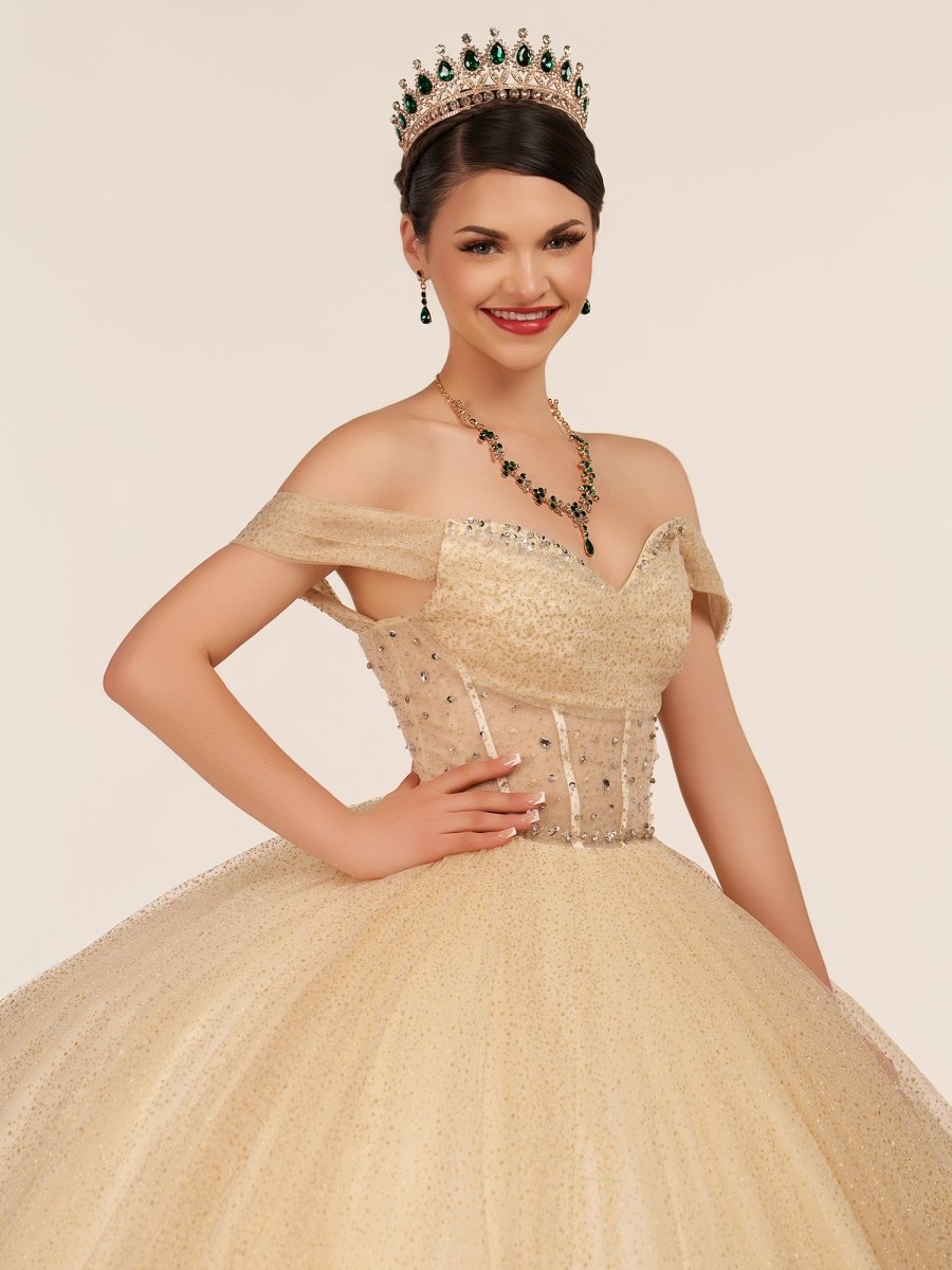 Yellow Ball Gown Tulle Off-the-Shoulder Quincenara Dresses - Curvevia