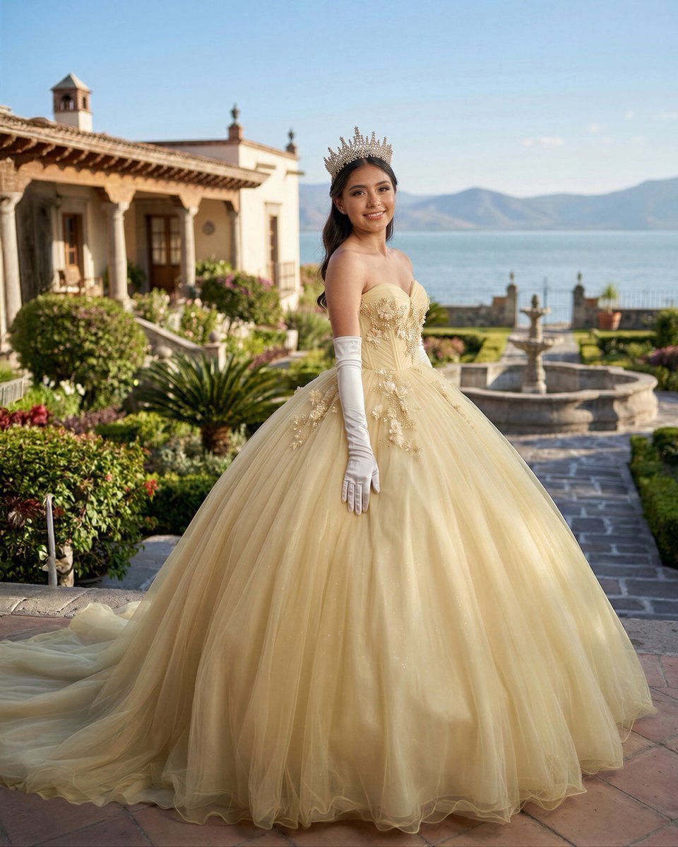 Yellow Ball-Gown Tulle Sweetheart Quinceanera Dresses with Appliques - Curvevia