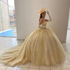Yellow Ball-Gown Tulle Sweetheart Quinceanera Dresses with Appliques - Curvevia