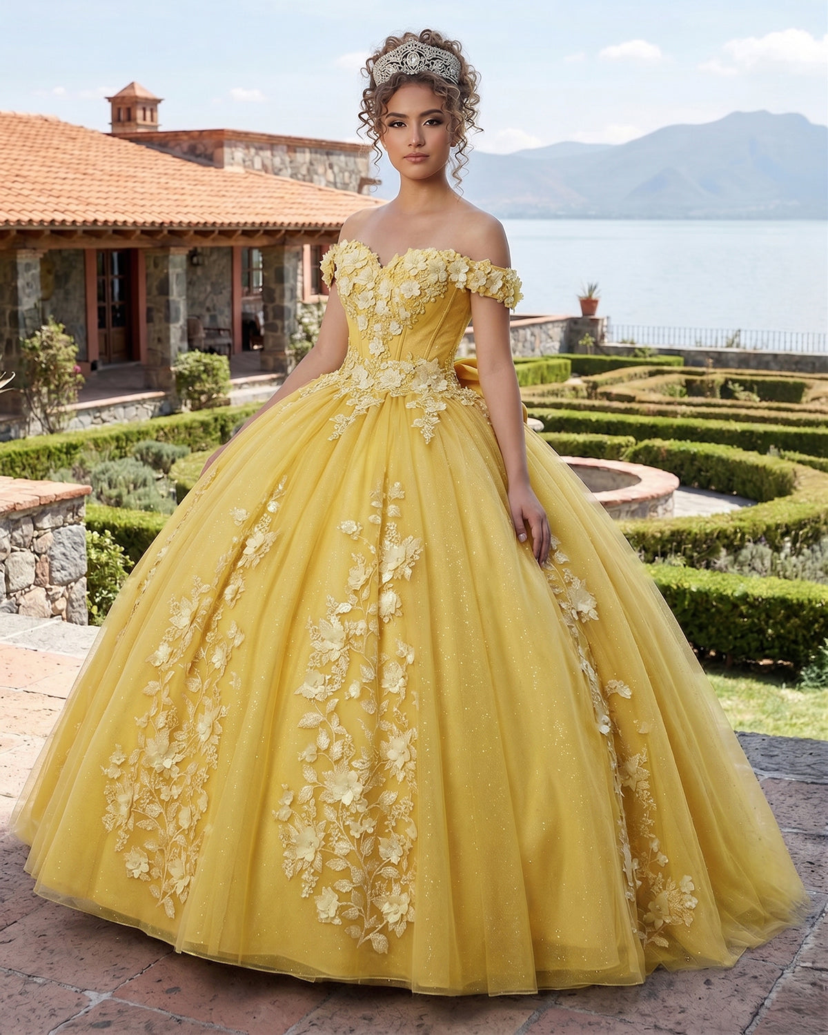 Big Bow Floral Flower Lace Applique Off Shoulder Ball Gown Quinceanera Dresses - Curvevia
