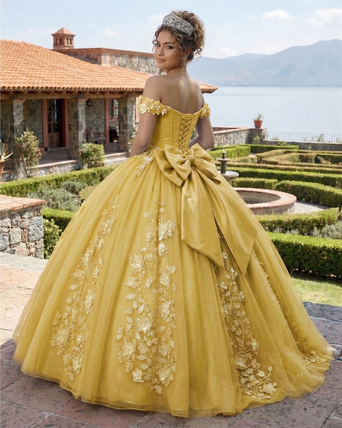Big Bow Floral Flower Lace Applique Off Shoulder Ball Gown Quinceanera Dresses - Curvevia