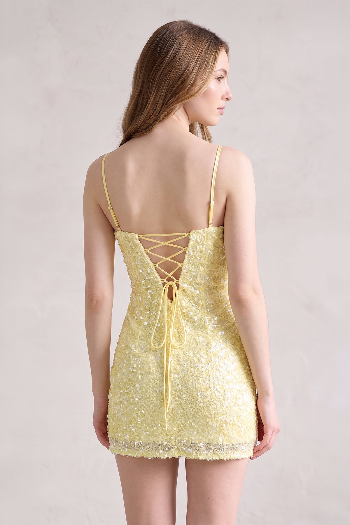 Yellow Bodycon Spaghetti Straps Short Homecoming Dress With Sequins - Curvevia