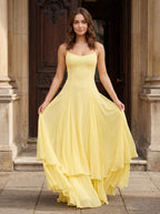 Daffodil Chiffon A-Line Sweetheart Criss-Cross Straps Floor-Length Dress with Pleated Bodice - Curvevia