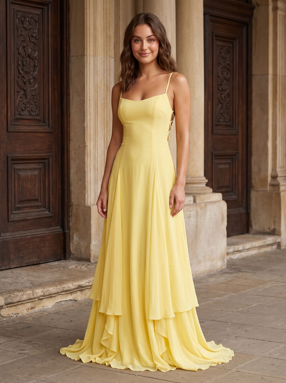 Daffodil Chiffon A-Line Sweetheart Criss-Cross Straps Floor-Length Dress with Pleated Bodice - Curvevia