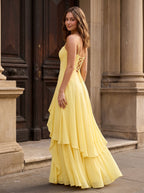 Daffodil Chiffon A-Line Sweetheart Criss-Cross Straps Floor-Length Dress with Pleated Bodice - Curvevia