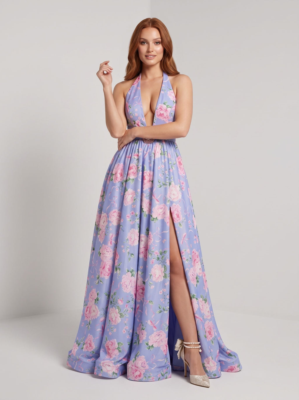 Purple Floral Chiffon A-Line Halter neckline Backless Floor-Length Dress - Curvevia