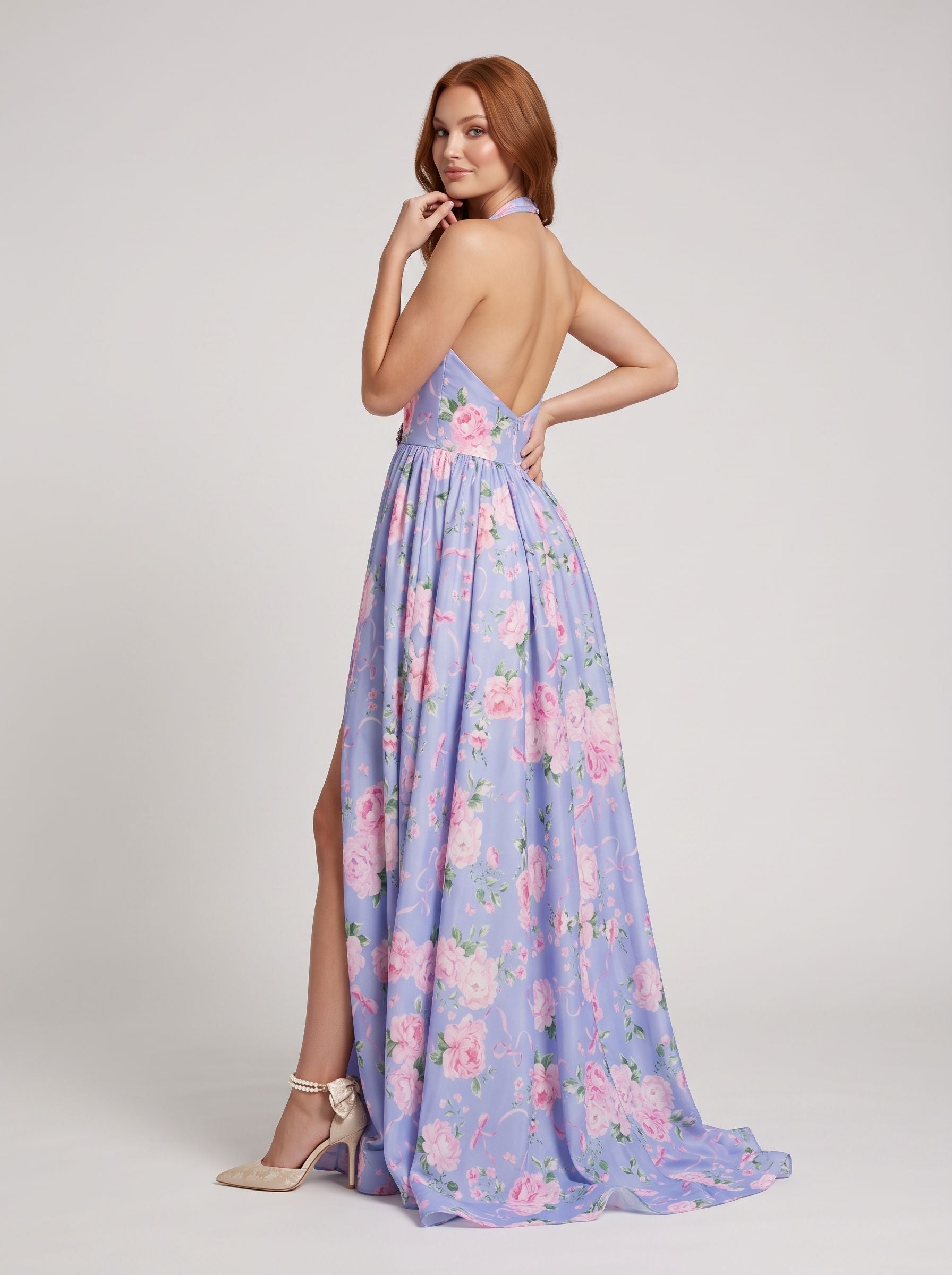Purple Floral Chiffon A-Line Halter neckline Backless Floor-Length Dress - Curvevia