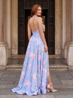 Purple Floral Chiffon A-Line Halter neckline Backless Floor-Length Dress - Curvevia