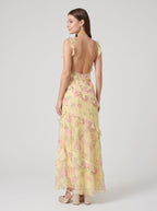 Yellow Floral Chiffon and Lace A-Line V-Neck Backless Floor-Length Dress with Lace Bodice - Curvevia