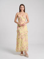 Yellow Floral Chiffon and Lace A-Line V-Neck Backless Floor-Length Dress with Lace Bodice - Curvevia
