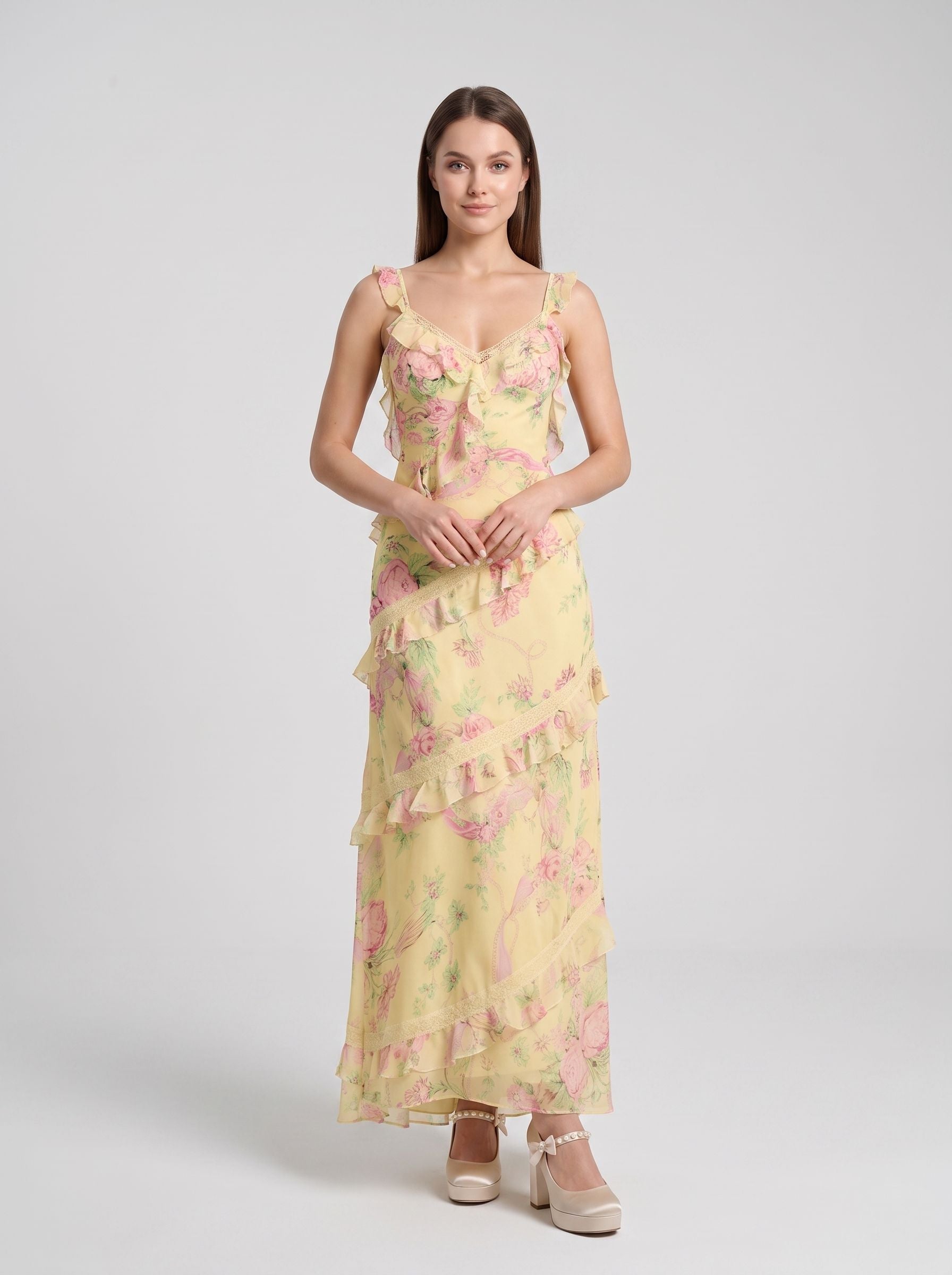 Yellow Floral Chiffon and Lace A-Line V-Neck Backless Floor-Length Dress with Lace Bodice - Curvevia