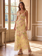 Yellow Floral Chiffon and Lace A-Line V-Neck Backless Floor-Length Dress with Lace Bodice - Curvevia