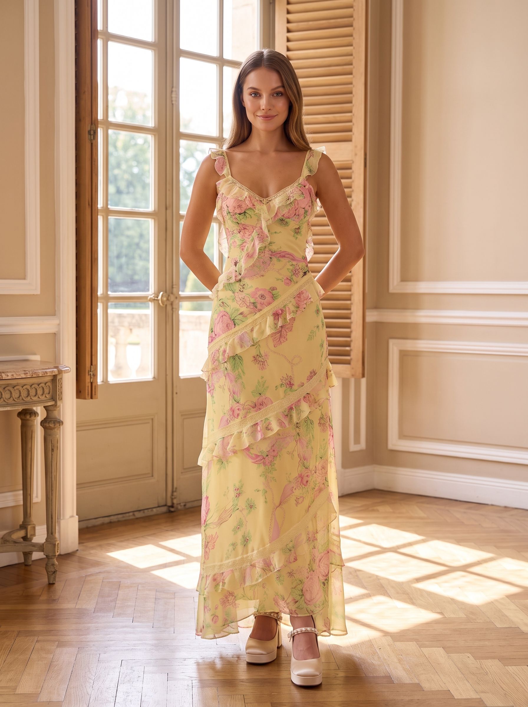 Yellow Floral Chiffon and Lace A-Line V-Neck Backless Floor-Length Dress with Lace Bodice - Curvevia