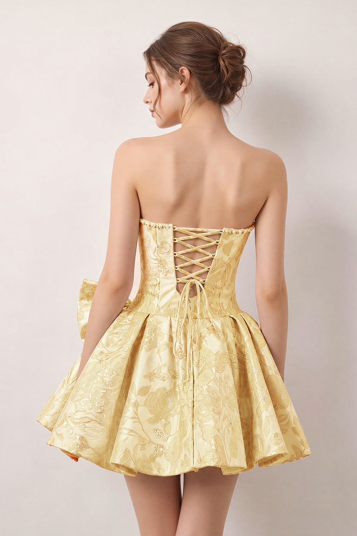 Blue Flower Jacquard Strapless A-Line Bowknot Homecoming Dress With Pearl - Curvevia