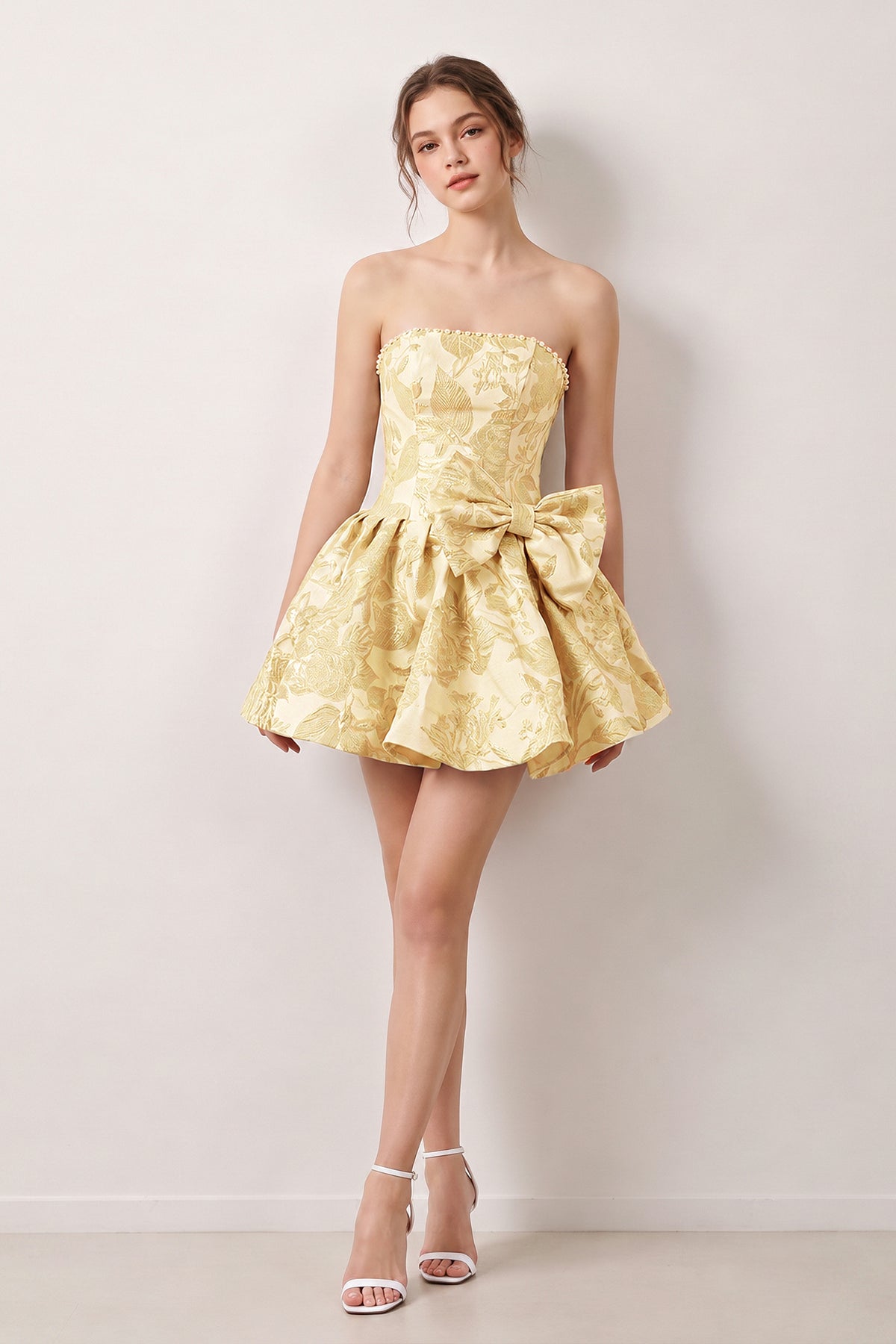 Blue Flower Jacquard Strapless A-Line Bowknot Homecoming Dress With Pearl - Curvevia