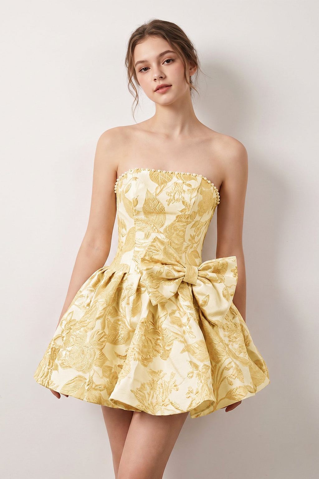 Blue Flower Jacquard Strapless A-Line Bowknot Homecoming Dress With Pearl - Curvevia