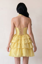 Yellow - Halter A Line Ruffles Satin Wedding Guest Dress With Bow - Curvevia