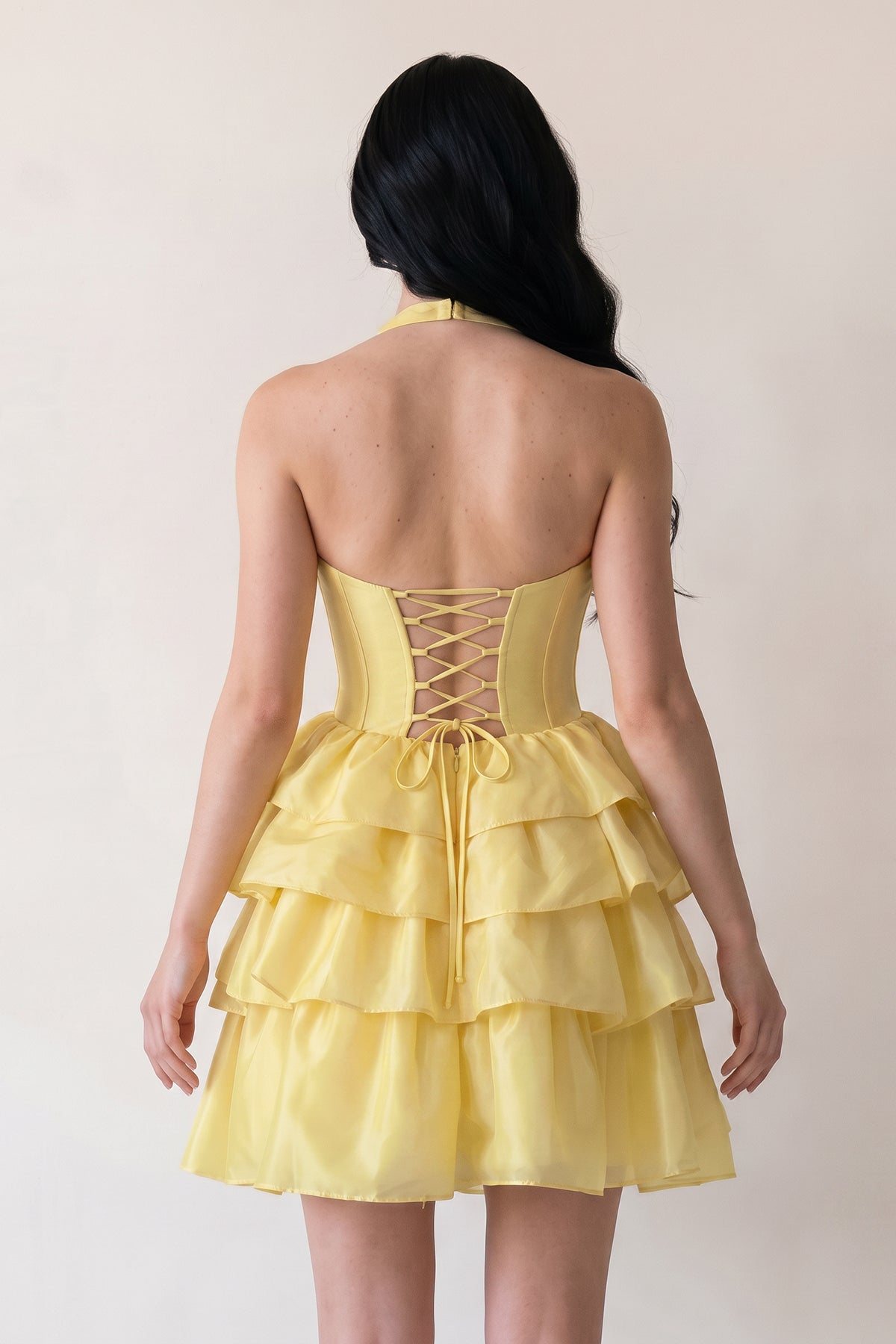 Yellow - Halter A Line Ruffles Satin Wedding Guest Dress With Bow - Curvevia
