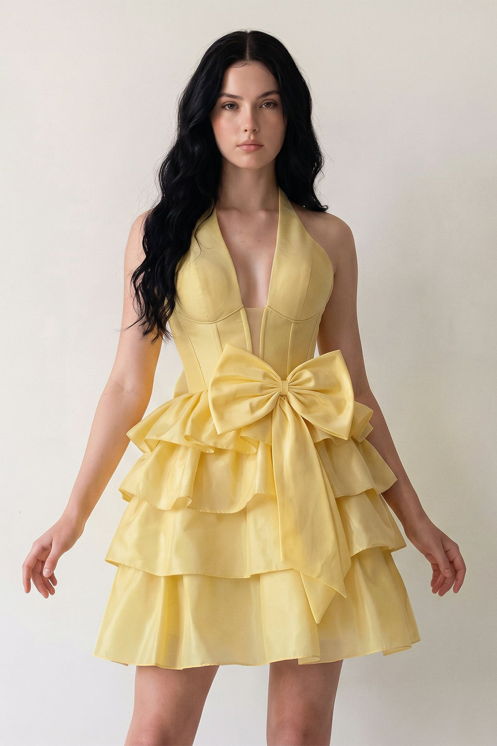 Yellow - Halter A Line Ruffles Satin Wedding Guest Dress With Bow - Curvevia