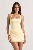 Yellow Halter Sheath Satin Chiffon Homecoming Dress - Curvevia