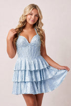 Yellow Halter Tiered Satin A-Line Corset Homecoming Dress With Pearl - Curvevia