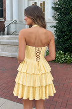 Yellow Halter Tiered Satin A-Line Corset Homecoming Dress With Pearl - Curvevia