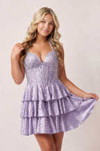 Yellow Halter Tiered Satin A-Line Corset Homecoming Dress With Pearl - Curvevia