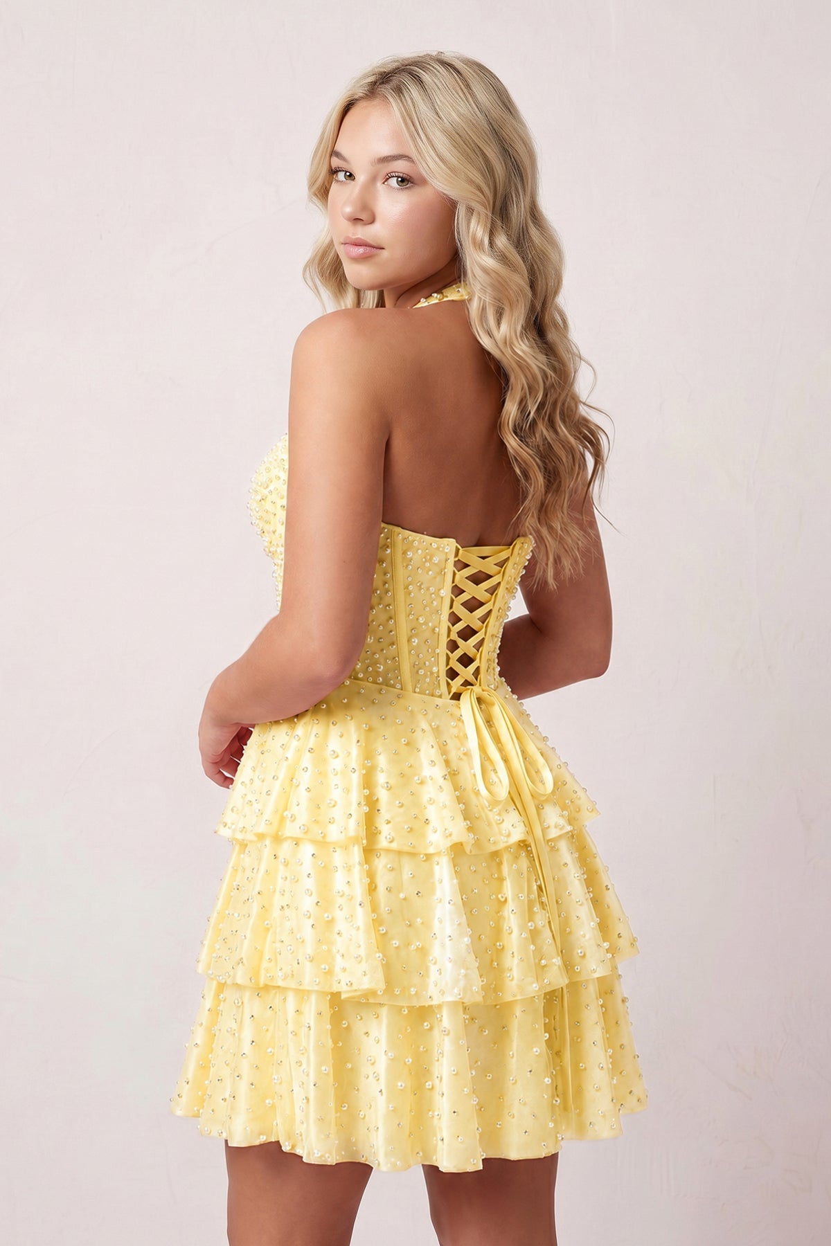 Yellow Halter Tiered Satin A-Line Corset Homecoming Dress With Pearl - Curvevia