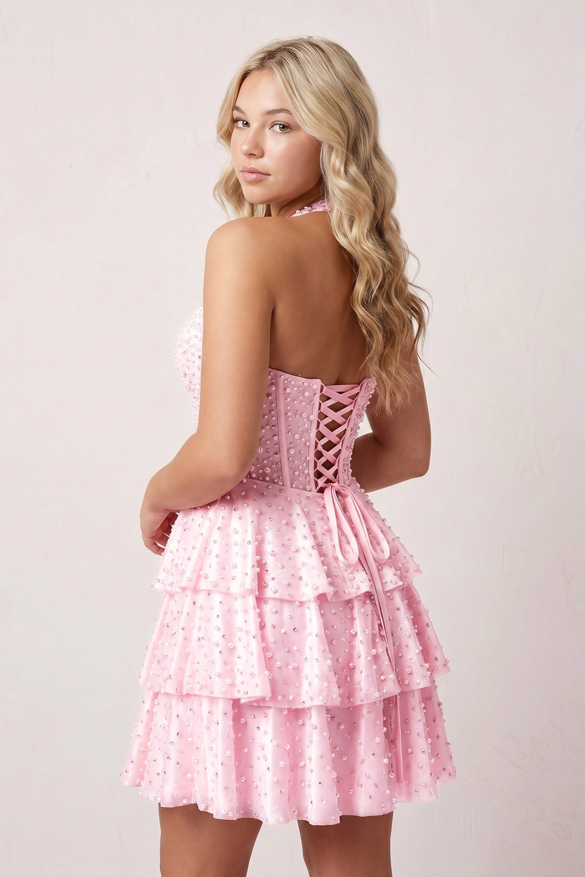 Yellow Halter Tiered Satin A-Line Corset Homecoming Dress With Pearl - Curvevia