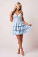 Yellow Halter Tiered Satin A-Line Corset Homecoming Dress With Pearl - Curvevia